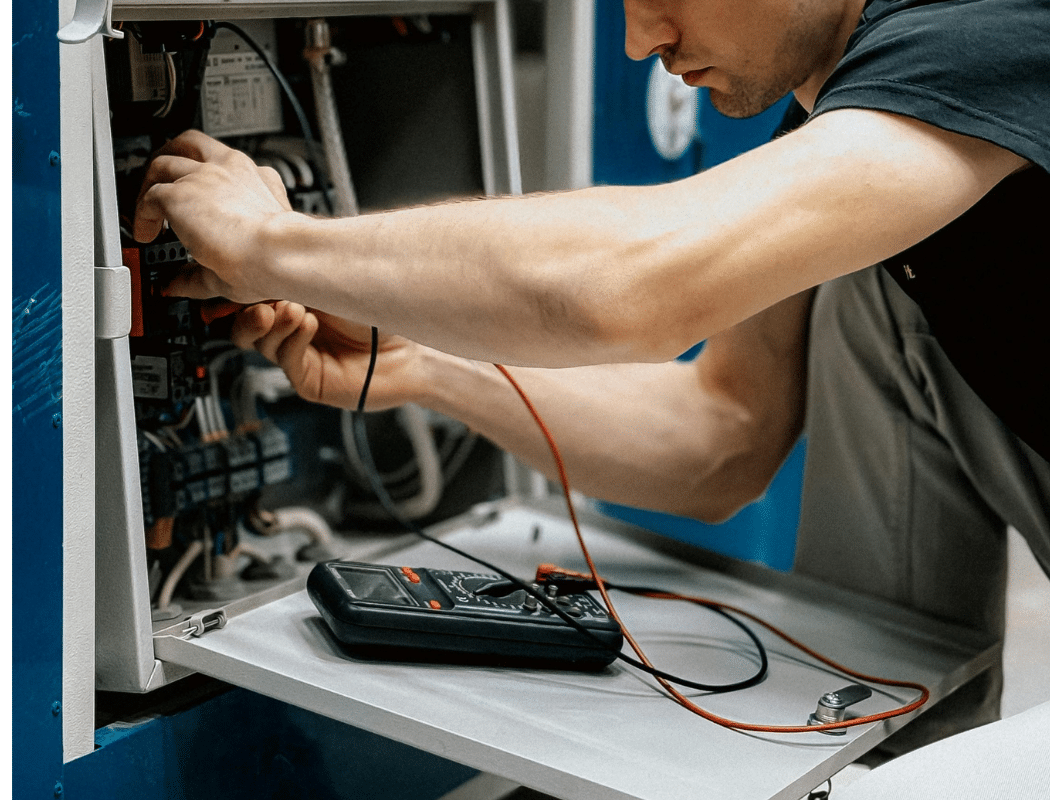 hot water cylinder leaking - engineer testing a heating appliance with a multimeter (MCR Leak Detection)