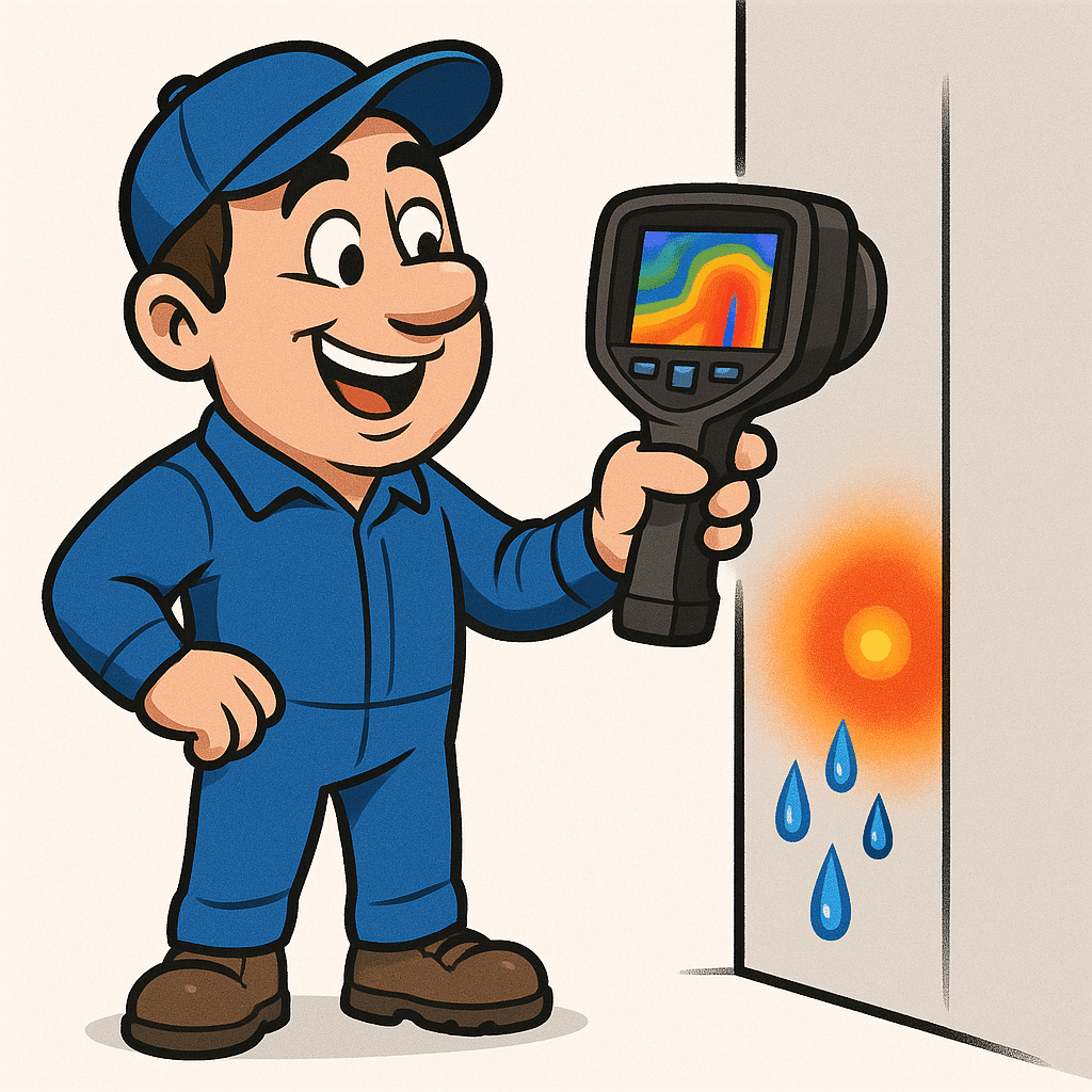 leaking shower - illustration of an engineer using a thermal camera on a wet wall (MCR Leak Detection)