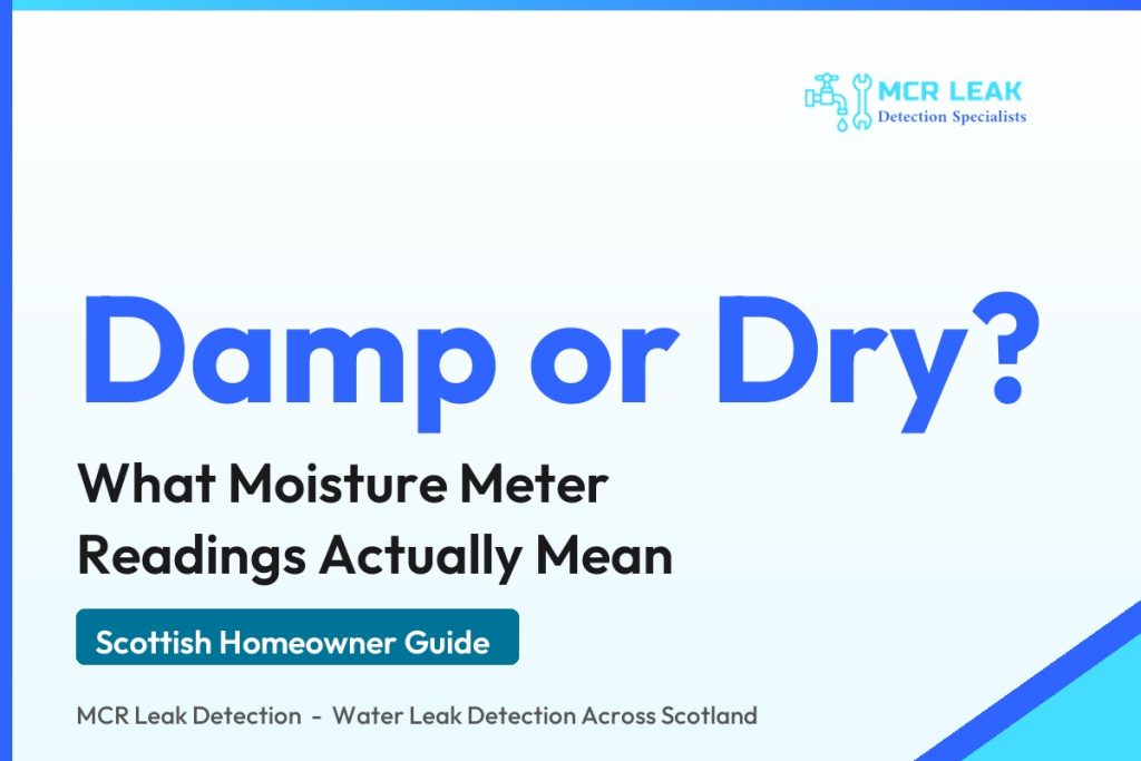 moisture meter readings - branded guide graphic explaining what moisture meter readings mean (MCR Leak Detection)