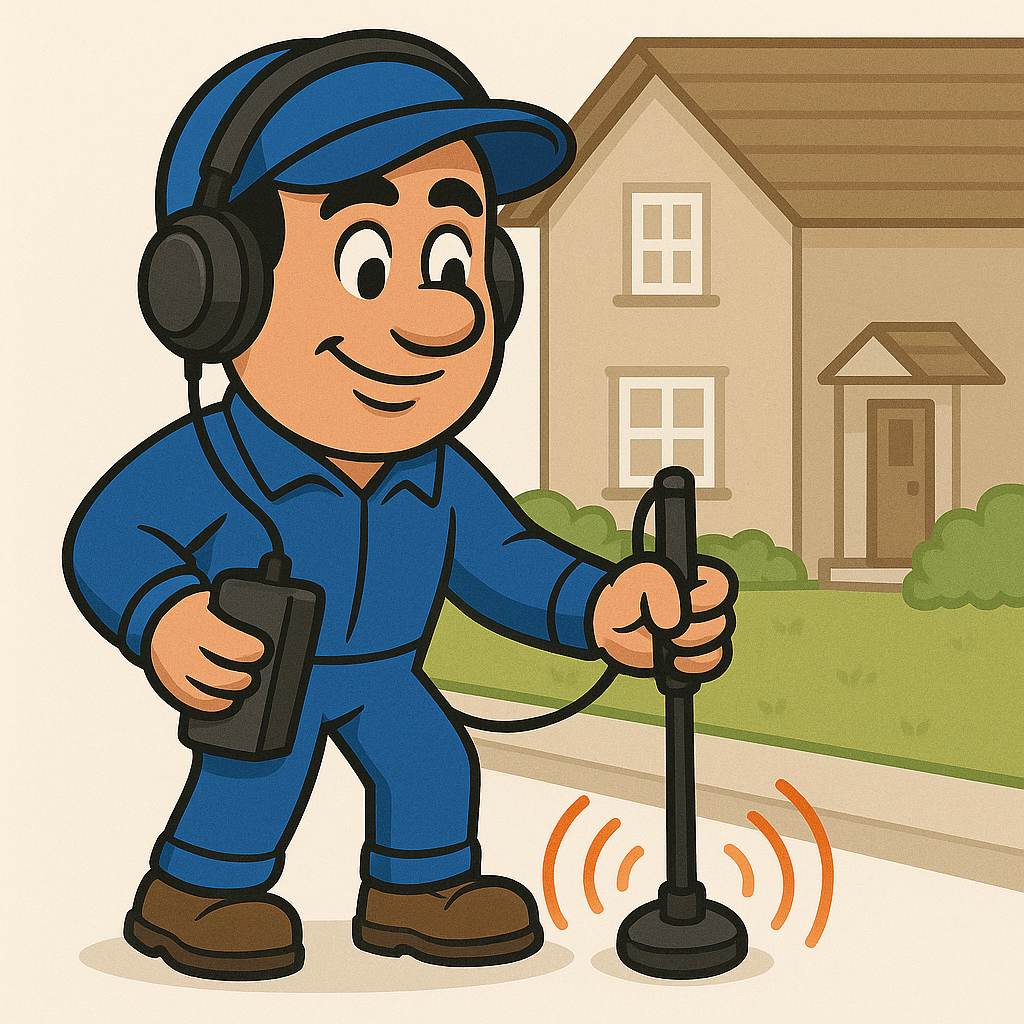 outside tap leaking - illustration of an engineer listening for a leak with a ground microphone outside a house (MCR Leak Detection)