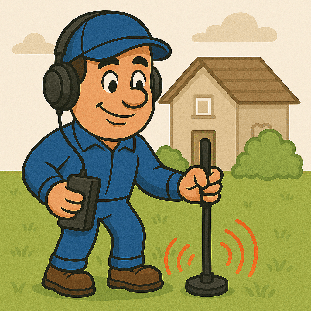 private water supply leak - illustration of an engineer using acoustic listening equipment on grass outside a house (MCR Leak Detection)