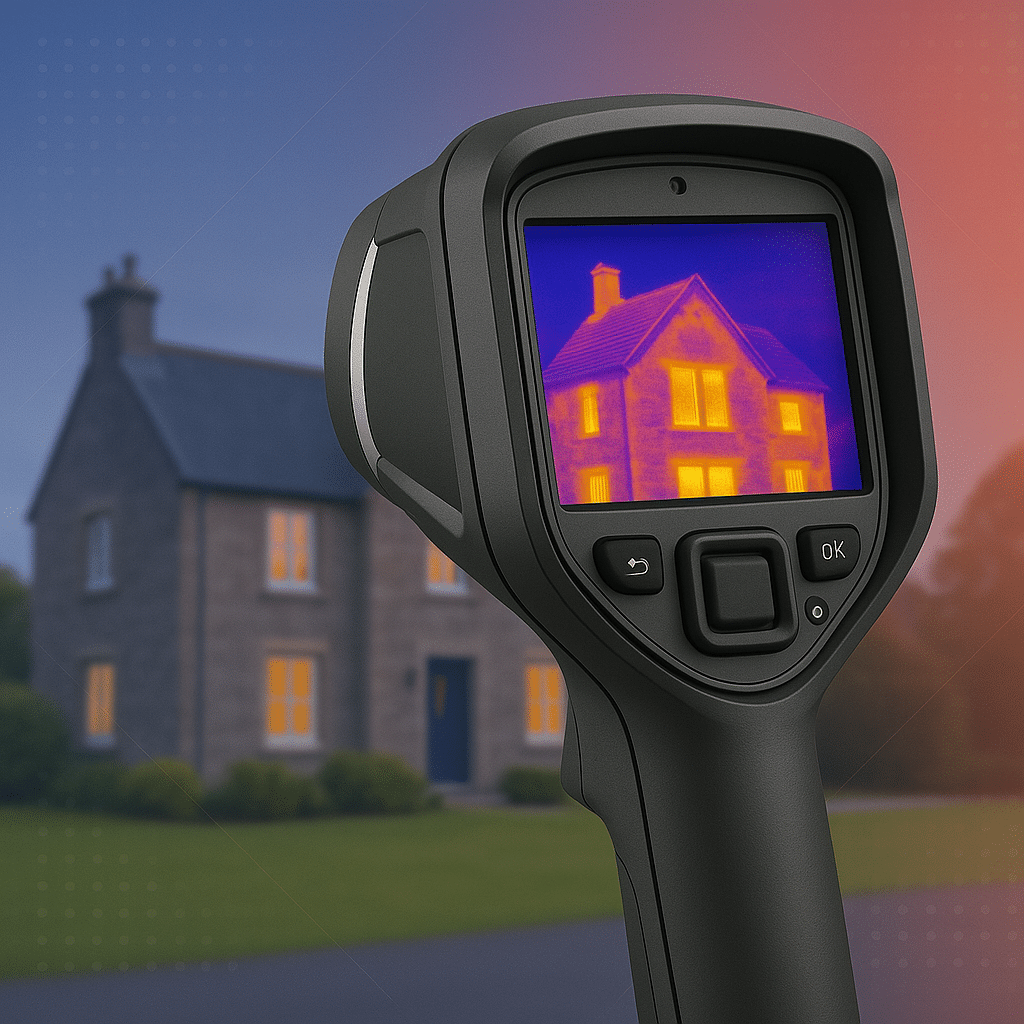 rising damp or leak - illustration of a thermal imaging camera surveying a stone house at dusk (MCR Leak Detection)