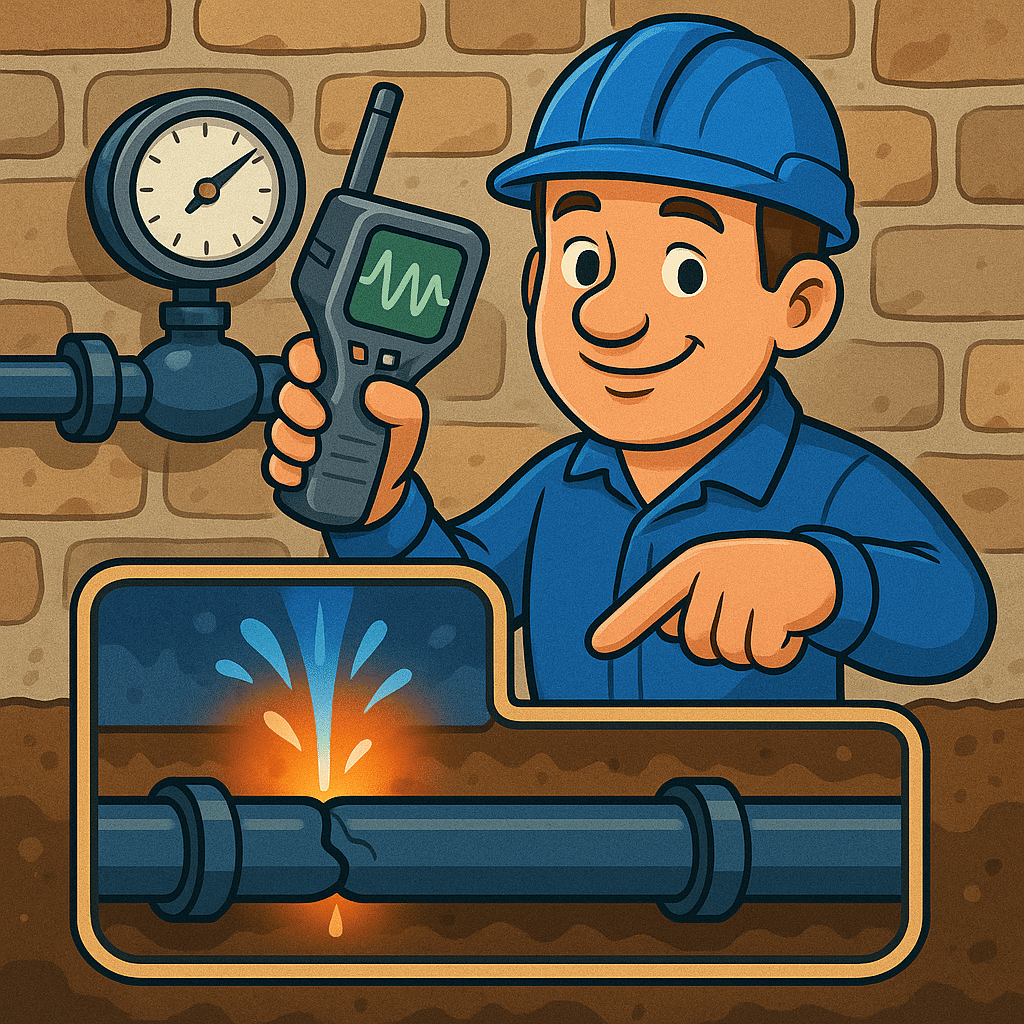 slab leak detection - illustration of an engineer pointing at a cutaway of a leaking buried pipe (MCR Leak Detection)