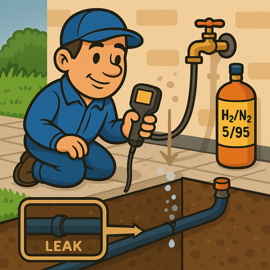 tracer gas leak detection - illustration of an engineer using a sniffer probe over a buried pipe with a hydrogen and nitrogen cylinder (MCR Leak Detection)