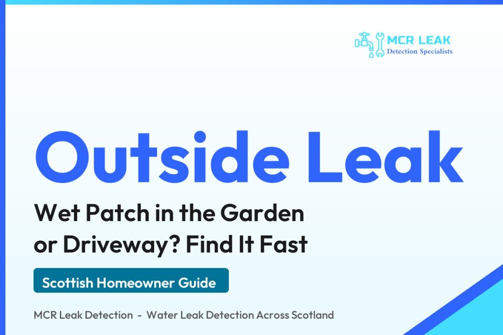 wet patch in garden - branded guide graphic on finding an outside water leak (MCR Leak Detection)